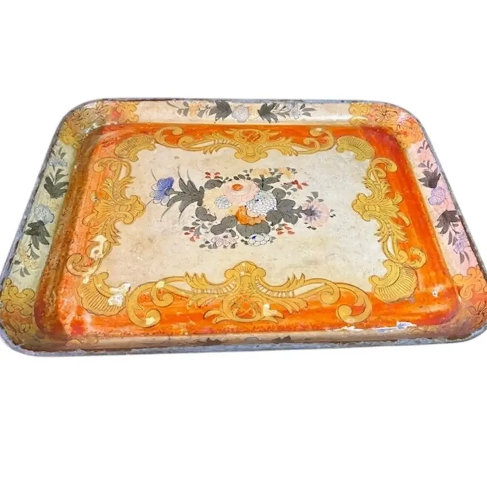 Vintage Japanese Paper Mache Tray 10x14 Floral Gold Orange A.L. Inc NY Decor